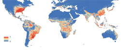 Prévision, pour 2015, de la probabilité de répartition du moustique-tigre (établie en 2015).
Probabilité de présence :

0,0 (probabilité minimale : aucune présence)
.../...
0,5 (probabilité médiane : égalité des chances, absent/présent)
.../...
1,0 (probabilité maximale : présence certaine)