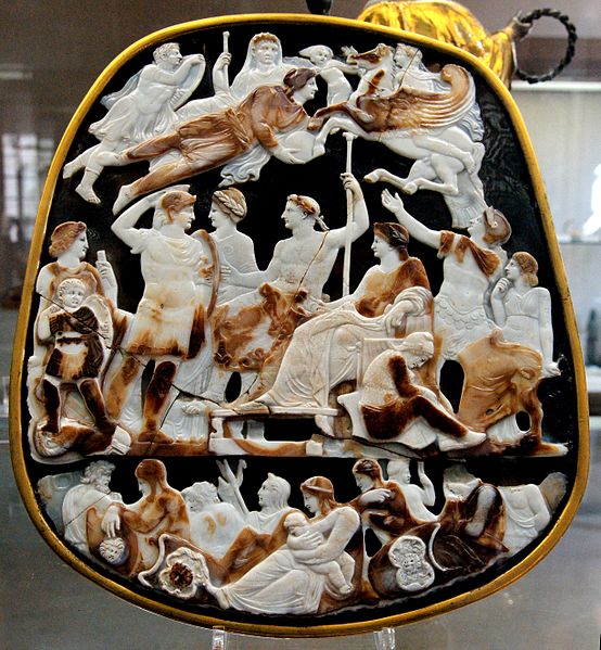The Great Cameo of France, a cameo five layers sardonyx, Rome, c. AD 23, depicting the emperor Tiberius seated with his mother Livia and in front of h