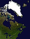 1 – Fääri saared, 2 – Island, 3 – Idaasundus, 4 – Lääneasundus Gröönimaal, 5 – Baffini saar, 6 – Labrador, 7 – L'Anse aux Meadows Newfoundlandil, 8 – St. Lawrence'i laht