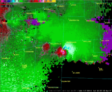 A mesocyclone from the Greensburg, Kansas tornado indicated on Doppler weather radar. Greensburg3 small.gif