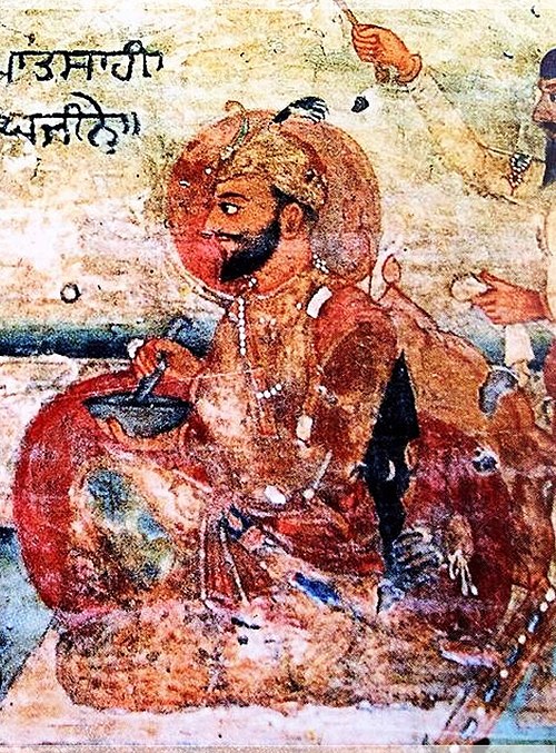 Old Sikh fresco art from the Akal Takht, Amritsar of Guru Gobind Singh preparing Amrit