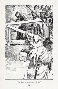 Puck of Pook's Hill illustration, from the chapter The Treasure and the Law: 'They drove me across the drawbridge'