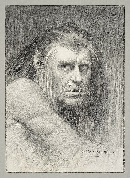 A charcoal drawing by Charles Buchel of Herbert Beerbohm Tree as Caliban in the 1904 production.