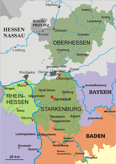 Starkenburg (centre) as one of the provinces of the People's State of Hesse in 1930. Hessen1930.png