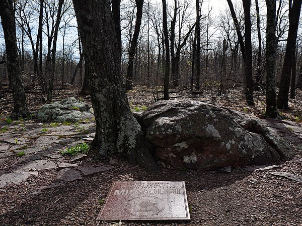 The highest natural point in the U.S. state of Missouri, Taum Sauk Mountain at 1,772 feet above sea level. Highest natural point in Missouri.JPG