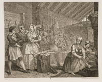 From A Harlot's Progress, 1732. The background prisoners include a pregnant black woman, perhaps a prostitute