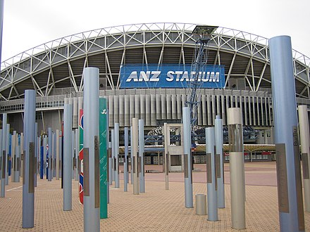 Stadium Australia (ANZ Stadium) with sculptures outside