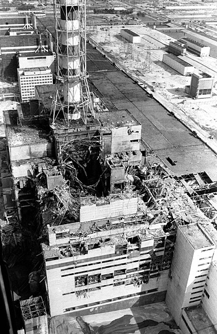 Reactor 4 as photographed from a helicopter shortly after the accident.