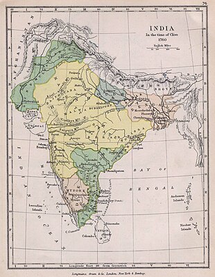 L'India al tempo di Robert Clive intorno al 1760. La struttura dello Stato e la sfera d'influenza dei Marathas sono mostrate in giallo