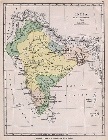 Maratha Empire: Territory under Maratha control in 1760 (yellow), without its vassals
