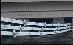 SUSPENSA VIX VIA FIT, "The road becomes barely suspended"; Latin inscription atop Leigh Woods pier expressing the amazement of Victorian travellers on first seeing the bridge