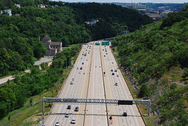 View of I-279 from the Swindell Bridge, roughly two miles (3.2 km) north of Downtown Pittsburgh