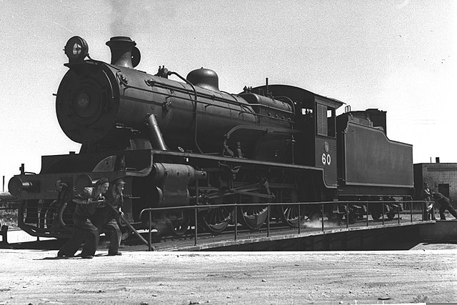 North British Locomotive Co. P class 4-6-0, built for Palestine Railways 1935, in Israel Railways service on the turntable at Haifa in 1950