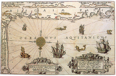 Itsas kartografia. Doer Lucas Ian Wagenaer. 1583. urtea. Holandan XVI. mendean egiten zen kartografiaren adierazgarri da, Herbehereek itsasketaz zuten ardura berezia erakusten duena. Mapa horrek kostaldea irudikatzen du, Arcachon-etik Bizkaiko mugetaraino. (Argazkia: J. G. Bilduma: J. R. S.).