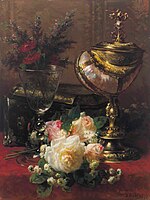 Bouquet of Roses and other Flowers in a Glass Goblet with a Chinese Lacquer Box and a Nautilus Cup on a Red Velvet draped Table label QS:Len,"Bouquet of Roses and other Flowers in a Glass Goblet with a Chinese Lacquer Box and a Nautilus Cup on a Red Velvet draped Table" . . oil on panel medium QS:P186,Q296955;P186,Q106857709,P518,Q861259 . 48.3 × 37.5 cm (19 × 14.7 in).