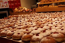 Sufganiyot, jelly-doughnuts eaten in the Jewish holiday of Hannukah, sold in the Jewish Quarter