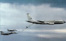 160th ARG KC-135 refuels two U.S. Navy Grumman F-14A Tomcat fighters from Fighter Squadron VF-74. KC-135E Ohio ANG refueling VF-74 F-14As 1984.jpg