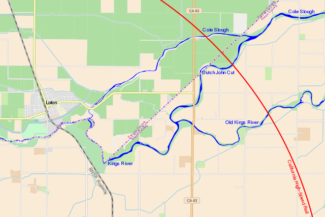 A map showing the three channels of the Kings River, with the planned California High-Speed Rail line crossing them in a broad arc to the east, and the community of Laton, California to the west