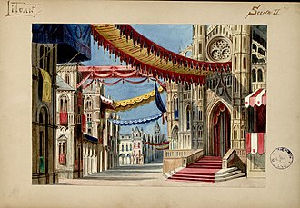 La piazza della Cattedrale a Marienburgo, set design for I Lituani act 1 scene 2 (1874). La piazza della Cattedrale a Marienburgo, bozzetto di Girolamo Magnani per I Lituani (1874) - Archivio Storico Ricordi ICON003969.jpg