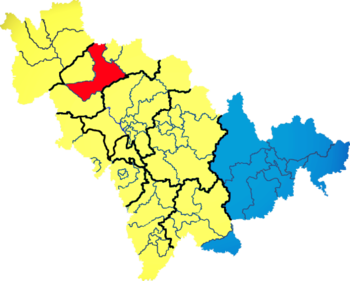 Languages spoken in Jilin: yellow: Mandarin; blue: Korean; red: Mongolian