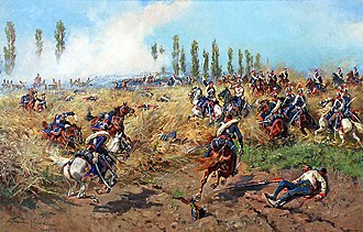 Des cavaliers polonais de Napoléon se battant contre des Autrichiens dans un champ de blé.