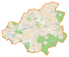 Mapa konturowa gminy Liniewo, na dole nieco na lewo znajduje się owalna plamka nieco zaostrzona i wystająca na lewo w swoim dolnym rogu z opisem „Jezioro Duże”