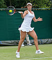 Louisa Chirico competing in the first round of the 2015 Wimbledon Qualifying Tournament at the Bank of England Sports Grounds in Roehampton, England. The winners of three rounds of competition qualify for the main draw of Wimbledon the following week.