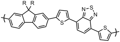 The structure of a common low band-gap polyflourene derivative. It has electron donating fluorene (left) and electron withdrawing benzothiadiazole (mid right between two thiophenes) monomers which allow for a reduced band gap due to charge transfer absorption. Low band gap polyfluorene.png