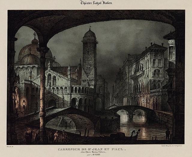 This very early colour lithograph from 1835 uses large washes of orange and cyan with black ink providing the details.