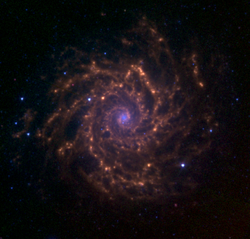 M74 as observed with the Spitzer Space Telescope as part of the Spitzer Infrared Nearby Galaxy Survey. The blue colors represent the 3.6 micrometre emission from stars. The green and red colors represent the 5.8 and 8.0 micrometre emission from polycyclic aromatic hydrocarbons and possibly dust. M74 3.6 5.8 8.0 microns spitzer.png