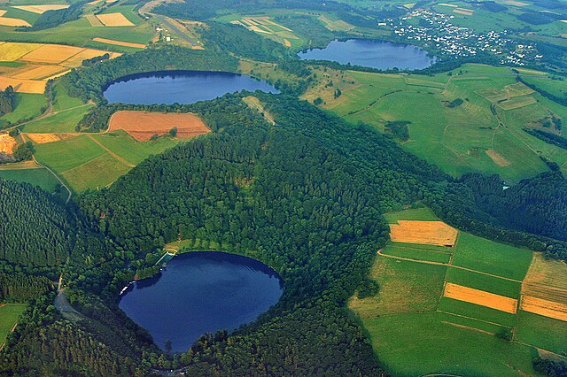 The maars, or volcanic lakes, of Natur- und Geopark Vulkaneifel in Germany, the first geopark under the name