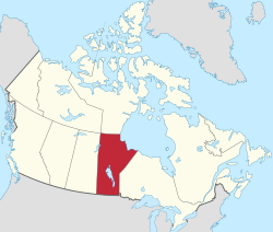 Map showing the location of Manitoba, in the centre of Southern Canada