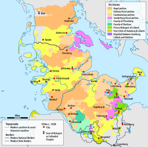 Map of the duchies and neighbouring states around 1650: The separately assigned and commonly held landed estates of the various lines, displayed in different colours. Map SLH-1650 EN.png