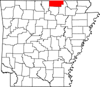 Mapo de Arkansaso kun kantono Fulton emfazita