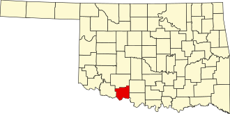 Location of Cotton County in Oklahoma Map of Oklahoma highlighting Cotton County.svg