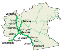 Les quatre autoroutes (A7, A10, A12 et A26) formant le nœud de l'autoroute de Gênes. La Gronda devrait rationaliser le trafic.