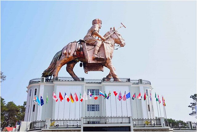 Image: Marjing Polo Statue — World's tallest statue of a polo player — Classical monumental Meitei equestrian sculpture — G20 summit — Cultural herita
