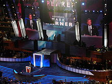 Warner delivers the keynote address during the second day of the 2008 Democratic National Convention in Denver, Colorado. Mark Warner DNC 2008.jpg