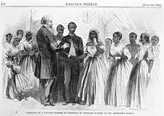 Marriage of a colored soldier at Vicksburg by Chaplain Warren of the Freedmen's Bureau Marriage of a colored soldier at Vicksburg by Chaplain Warren of the Freedmen's Bureau LCCN2009630217 (cropped).jpg