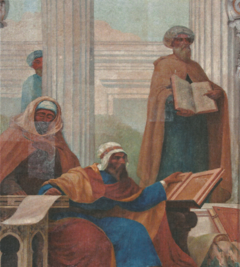 "Medicina arabo-giudea" - Maimonide in piedi a destra. Opera di Veloso Salgado (ca. 1906)