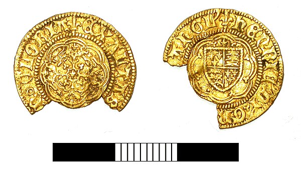 A gold noble coin of Henry VI, dating from c. 1422 – c. 1427, found in Shiplake