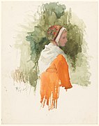 Meisje met kapje en oranje jurk