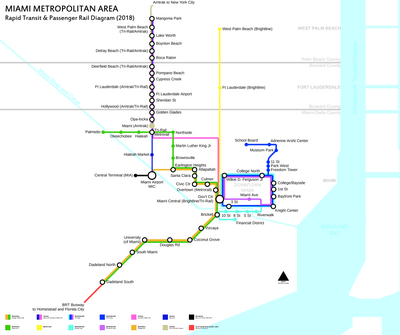 Schematic of rapid transit and passenger rail service in the Miami area in 2018. Tri-Rail's Downtown Miami Link (shown in pink) became operational on January 13, 2024. Miami Metro Map 2017.png