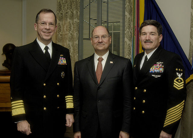 Then-Chief of Naval Operations, Admiral Mullen with Secretary of the Navy Donald Winter and MCPON Terry D. Scott, February 2006