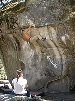 Michael Rael Armas on Midnight Lightning, Camp 4 (Yosemite National Park, USA), one of the world's most famous bouldering problems