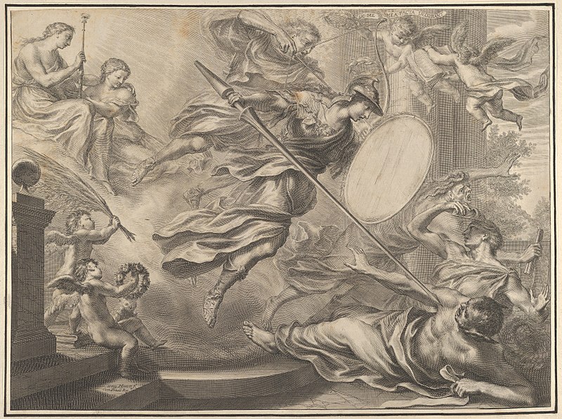 File:Minerva armed with a shield and lance attacking three nearly prone figures MET DP836311.jpg