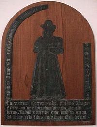 Monumental brass of Ann Alabaster (died 1592), first wife of John Still and daughter of Thomas Alabaster (died 1592), cloth merchant of Hadleigh (St Mary's Church, Hadleigh, Suffolk)