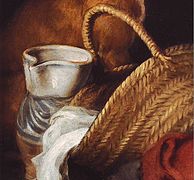 Jarra picuda de loza trianera, con decoración vegetal verdiazulada hecha con un barniz de cobalto. Detalle del cuadro de Murillo Vieja comiendo gachas con un chico y un perro (ca. 1660). Museo Wallraf-Richartz.