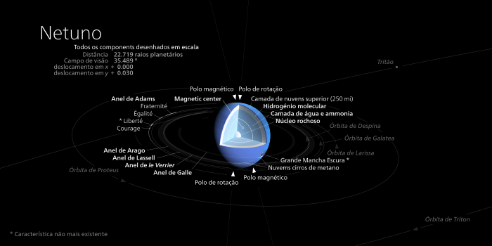 Principais componentes de Netuno, incluindo sua estrutura interna, anéis e satélites naturais.