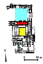 Mapa del Palau nord-oest. Sala del tron (vermell), pati principal de la zona pública (babānu) (blau), pati principal de l'espai privat (bitānu) (groc), i tombes de les reines (verd)